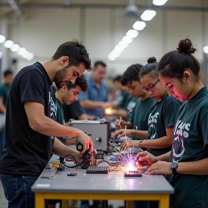 Hình ảnh học sinh, sinh viên đang thực hành các kỹ năng kỹ thuật trong xưởng thực hành với máy móc, thiết bị